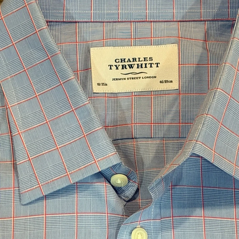 Charles Tyrwhitt Mens 18/35 Blue Check Non-Iron Classic Fit Dress Shirt - Picture 3 of 6